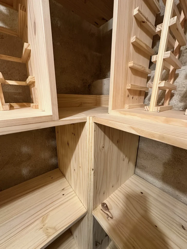Détail des casiers bois d’une cave à vin sur mesure en Saône-et-Loire