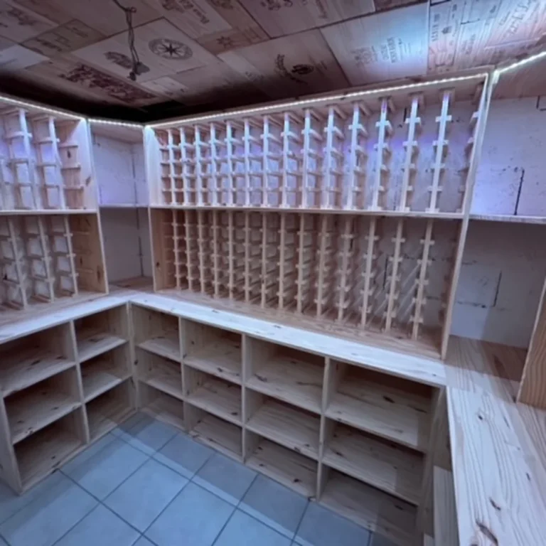 Cave à vin sur mesure de 6 m² en Alsace, casiers individuels éclairés par rubans LED