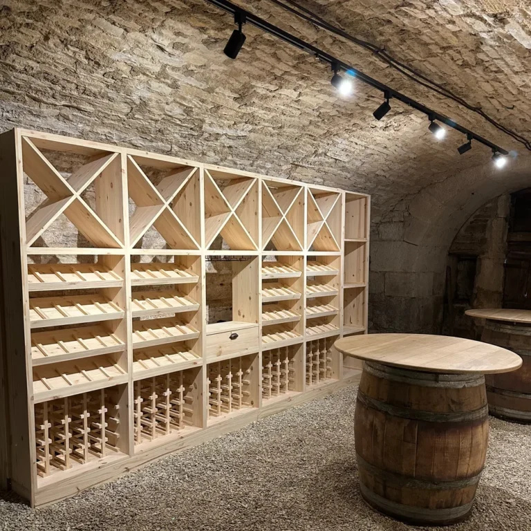 Cave à vin sur mesure sous voûte en pierre en Côte-d’Or, casiers en bois éclairés et fût-plateau