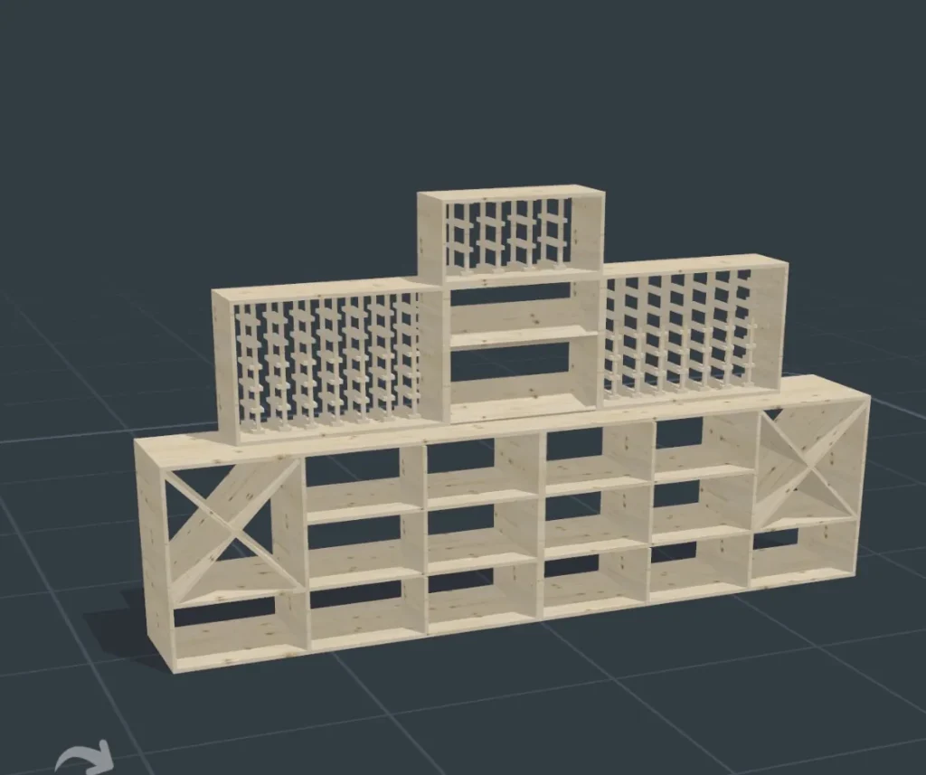 Plan 3D de l’aménagement d’une cave à vin sur mesure, modélisation avant fabrication