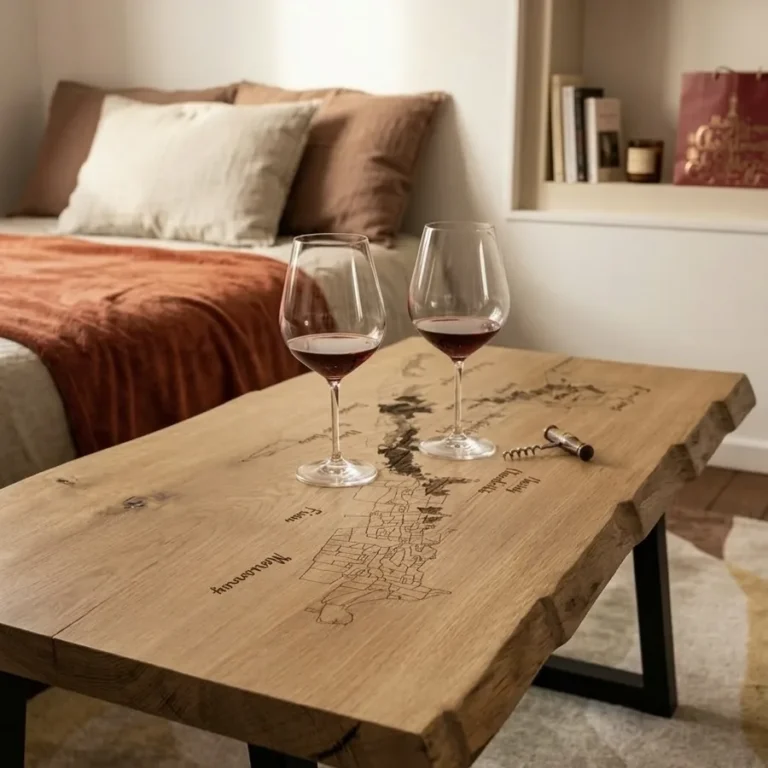 Table basse en chêne à bord naturel gravée de la carte de Bourgogne, pièce unique sur mesure