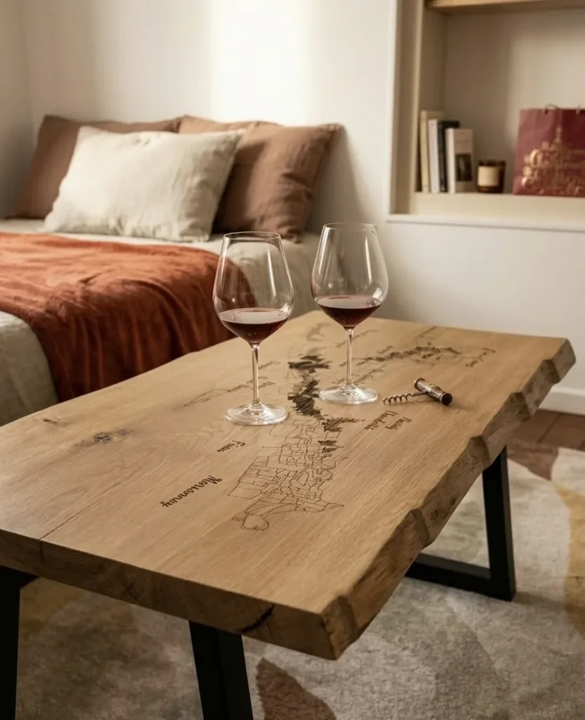 Table basse en chêne à bord naturel gravée de la carte de Bourgogne, pièce unique sur mesure