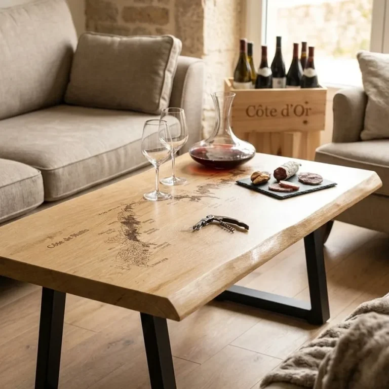 Table basse en chêne massif sur mesure gravée d’une carte du vignoble, pieds métal noir, dans un salon