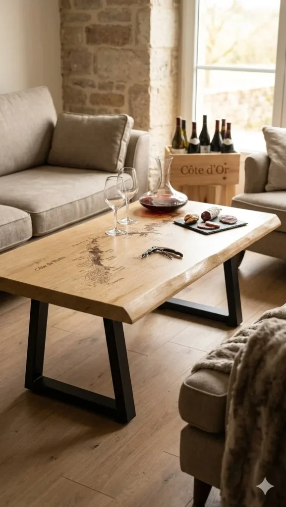 Table basse en chêne massif sur mesure gravée d’une carte du vignoble, pieds métal noir, dans un salon