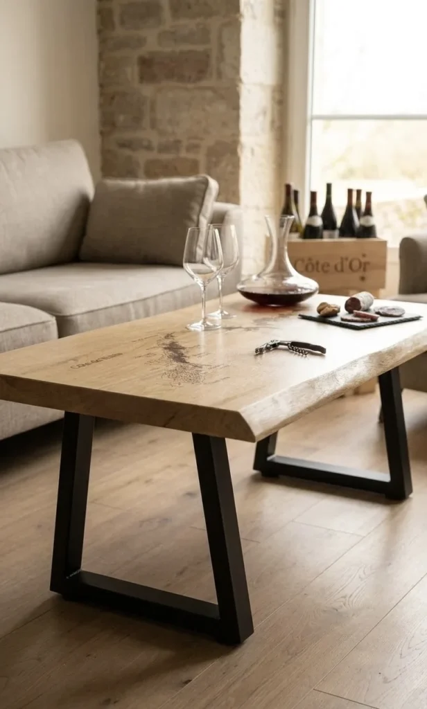 Table basse sur mesure en chêne massif gravée d’une carte des climats, installée dans un salon