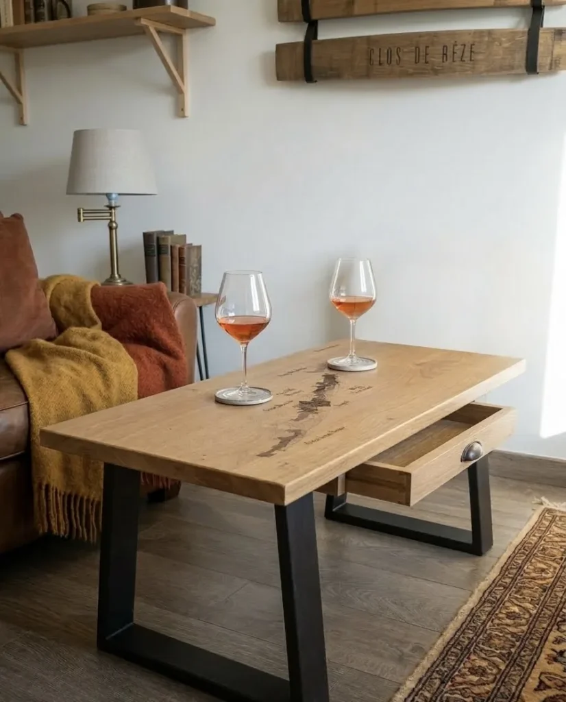 Table basse en chêne sur mesure avec tablette de rangement intégrée et gravure viticole