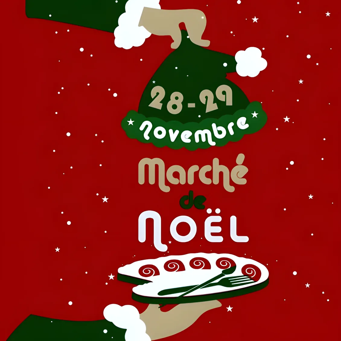 Affiche du Marché de Noël de Nuits-Saint-Georges : bonnet de Noël et assiette garnie sur fond rouge