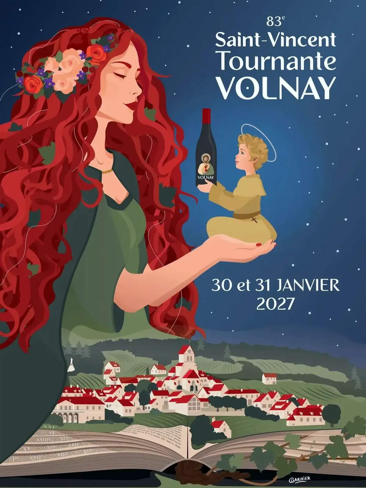 Affiche de la 83e Saint-Vincent Tournante de Volnay : figure féminine et saint Vincent au-dessus du village