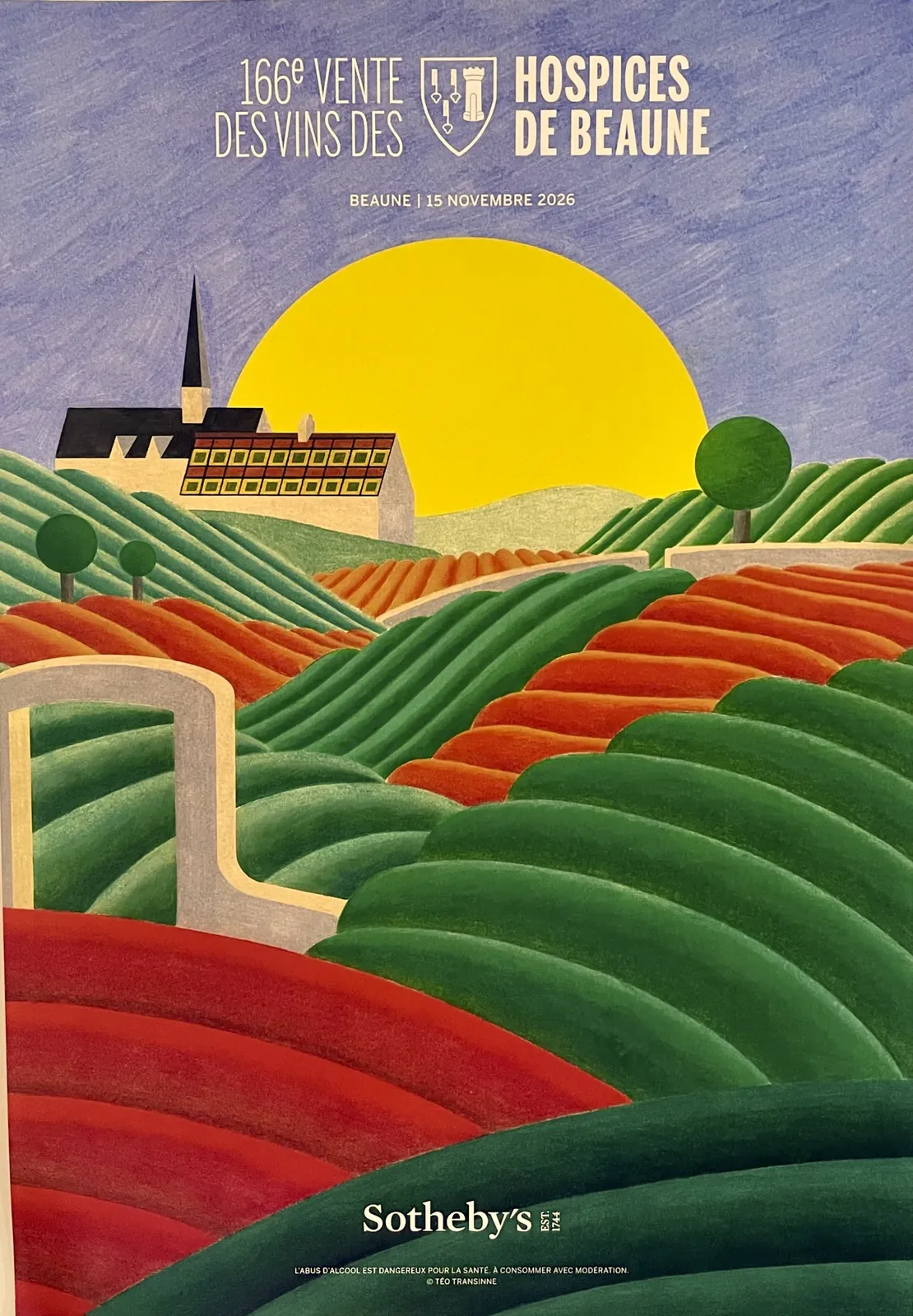 Affiche de la 166e Vente des vins des Hospices de Beaune : vignes en terrasses et soleil levant